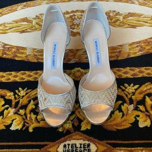 Manolo Blahnik Metallic Gold Open-Toe D'Orsay Heels